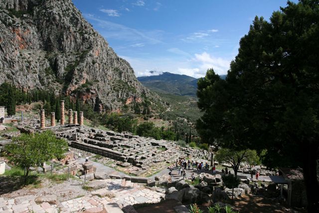 Delphi archaeological site - Temple of Apollo from above